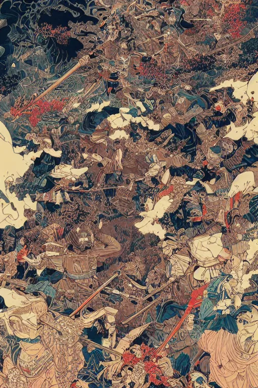 Prompt: hyper detailed illustration of a samurai battle by james jean, yoshitaka amano and victo ngai