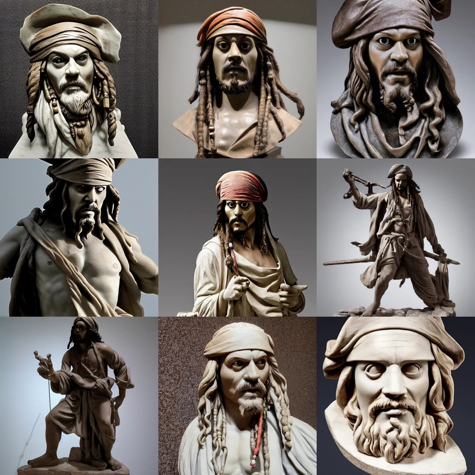 Prompt: photo of a marble sculpture of Jack Sparrow by Michelangelo seen in a museum