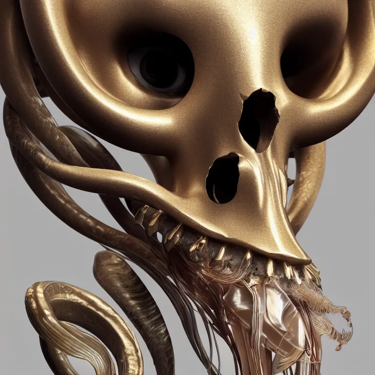 Image similar to goddess princess face close-up portrait ram skull. sculpture made of polished gold and matte obsidian. jellyfish phoenix head, nautilus, orchid, skull, betta fish, bioluminiscent creatures, intricate artwork by Tooth Wu and wlop and beeple. octane render, trending on artstation, greg rutkowski very coherent symmetrical artwork. cinematic, hyper realism, high detail, octane render, 8k