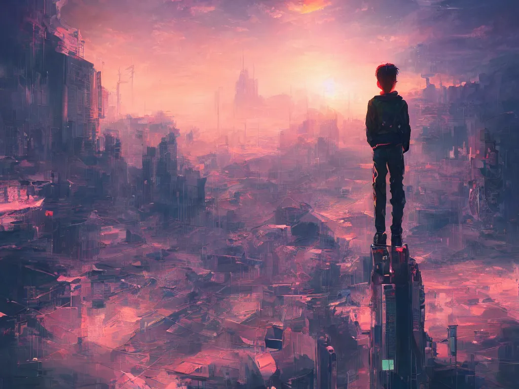 Prompt: a painting of a boy on top of a building watching a colorful sunrise futuristic city surrounded by clouds, cyberpunk art by yoshitaka amano and alena aenami, cg society contest winner, retrofuturism, matte painting, apocalypse landscape, cityscape