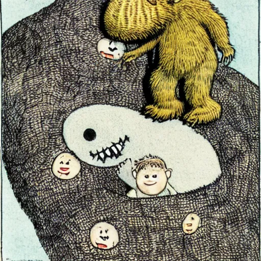 Prompt: asleep on a bed of smiley faces by maurice sendak where the wild things are