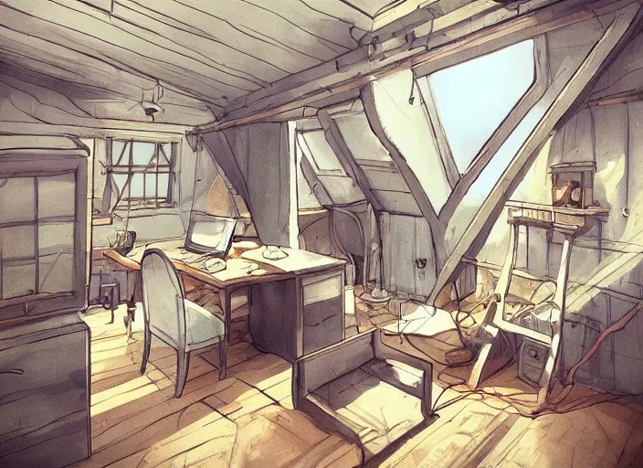 Prompt: placid auburn cute cluttered painterly hard tiny cramped dusty attic, slanted ceiling, tiny angular space, cupboards, cabinets, busy, particulate, trending on pixiv