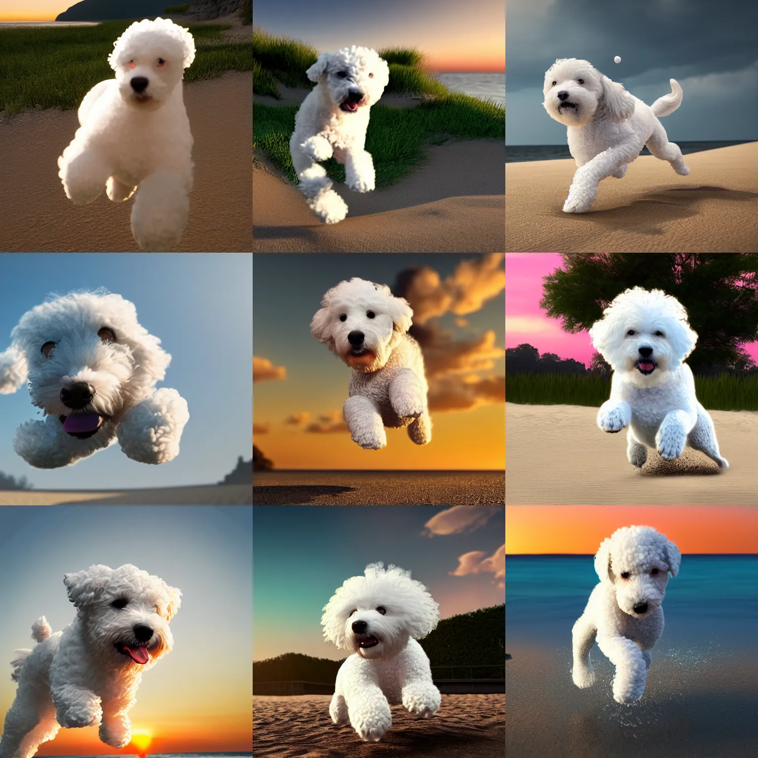 Prompt: a photorealistic image of a large knitted white bichon puppy diving for a frisbee during sunset at the beach Trending on artstation, featured on Behance, well-rendered, Unreal Engine, 4K HD