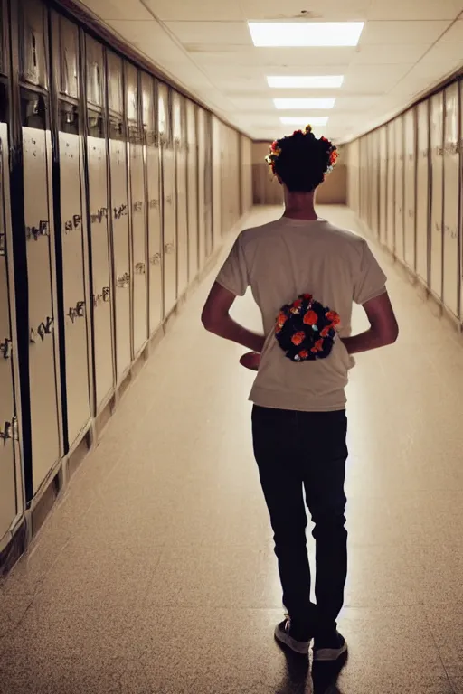 Image similar to kodak portra 4 0 0 photograph of a guy wearing a flower crown in a empty school hallway lined with lockers, back view, lens flare, moody lighting, moody vibe, telephoto, 9 0 s vibe, blurry background, grain, tranquil, calm, faded!,