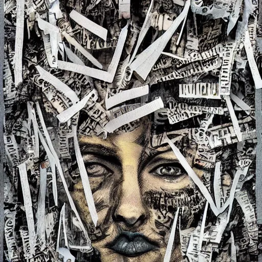 Image similar to multiple faces shredded like paper news scared, dark horror, surreal, illustration, by alley burke