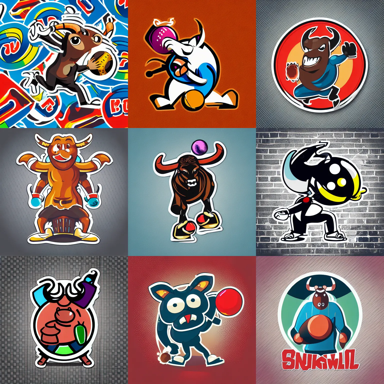 Prompt: “ aggressive anthropomorphic bull bowling with a cricket ball, full body mascot, sticker, highly detailed, colorful, illustration, smooth and clean vector curves, no jagged lines, low noise, vector art, logo ”