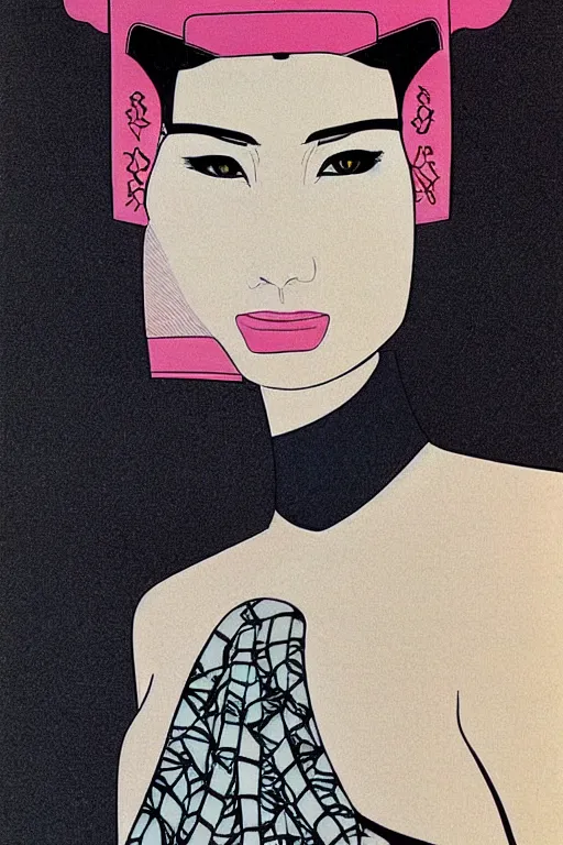 Image similar to 1 9 8 0 s glamour fashion portrait of neo - samurai woman, highly detailed, symmetrical details, flat shading, outlines, by patrick nagel