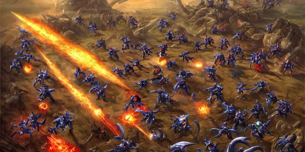 Image similar to zerglings killing the terran soldiers, set in the starcraft universe, in an epic and bloody battle, beautiful painting