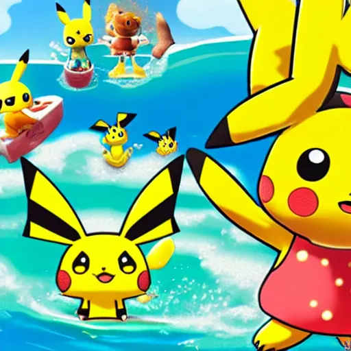 Prompt: pikachu swimming in animal crossing