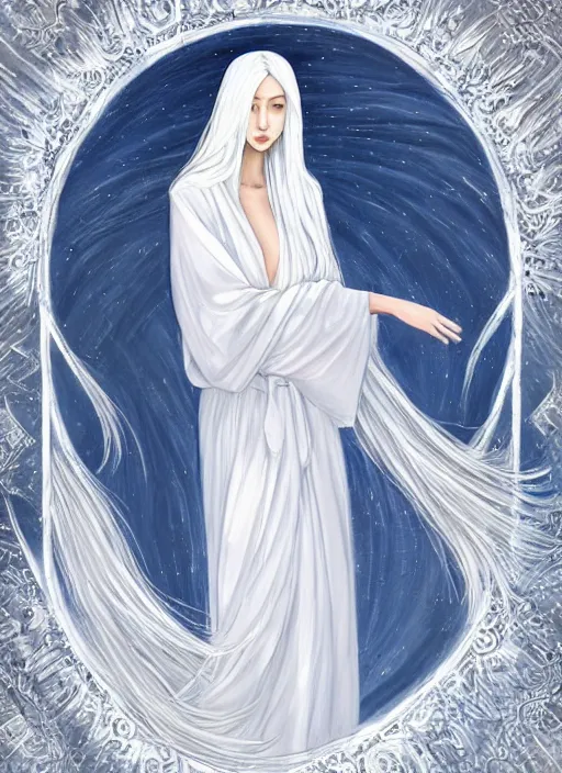 Prompt: tall thin beautiful goddess, pale wan female angel, long flowing silver hair covering her whole body, beautiful painting, young wan angel, flowing silver hair, flowing white robes, flowing hair covering front of body, white robe, white dress of silver hair, covered, clothed, aesthetic, mystery