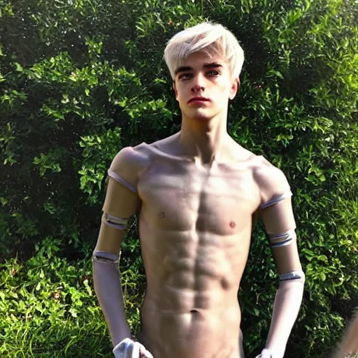 Image similar to “a realistic detailed photo of a guy who is an attractive humanoid who is half robot and half humanoid, who is a male android, twitch streamer Ninja Tyler Blevins, shiny skin, posing like a statue, blank stare, by the pool, display”