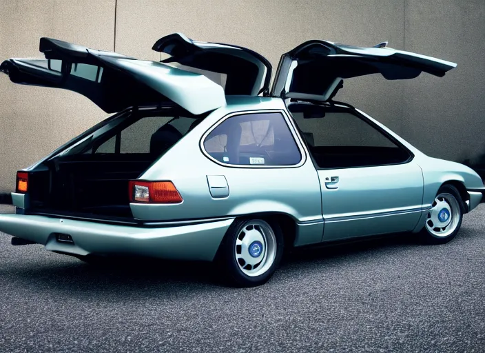 Image similar to photo still of a toyota corolla with open!!! gullwing doors!!! gullwing doors gullwing doors!!!, 8 k, 5 2 mm f 1 2