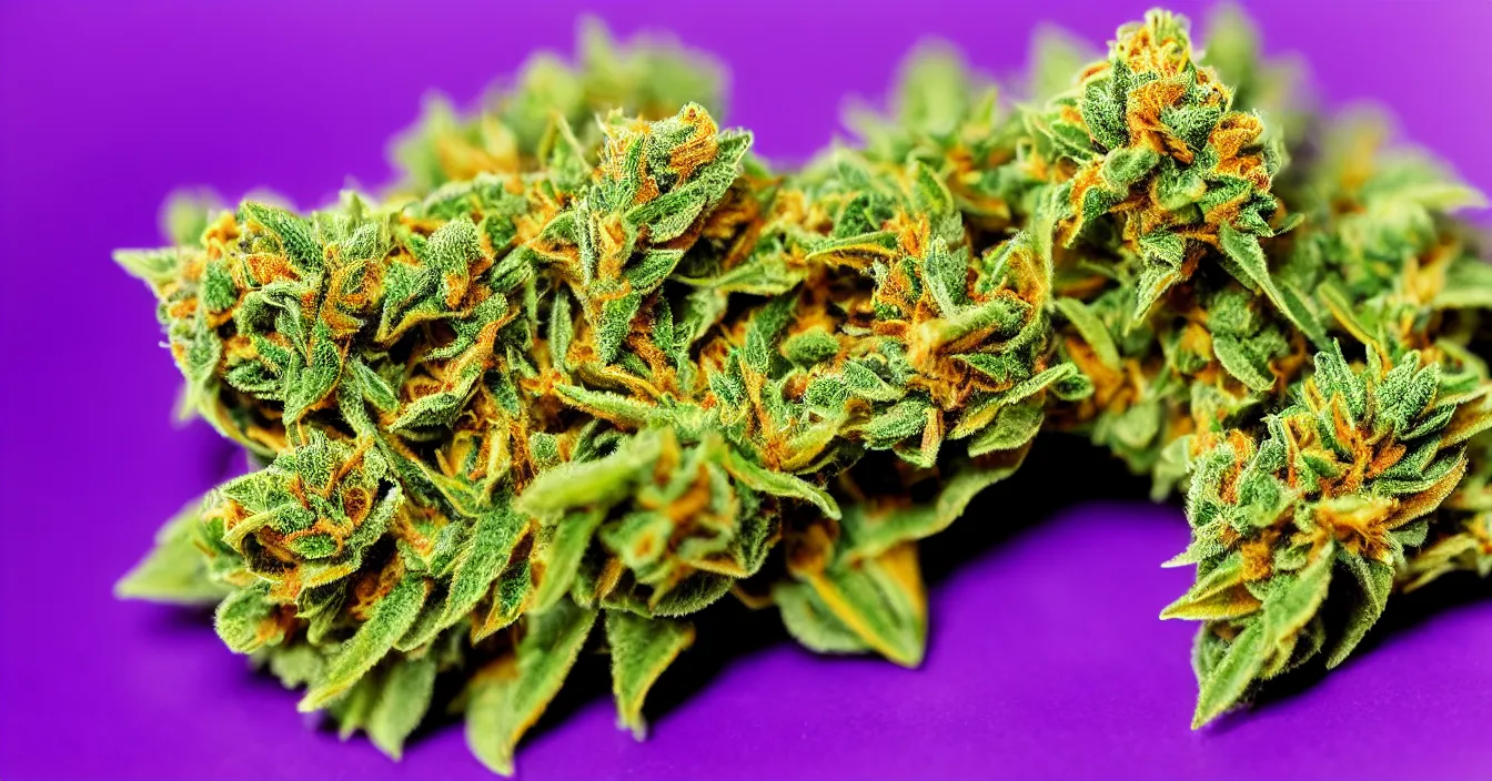 Prompt: marijuana on an incandescent purple plate, bokeh, close up, super macro, 8 k