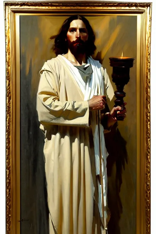 Prompt: leyendecker and solomon joseph solomon and richard schmid and jeremy lipking victorian loose genre loose painting full length portrait painting of jesus