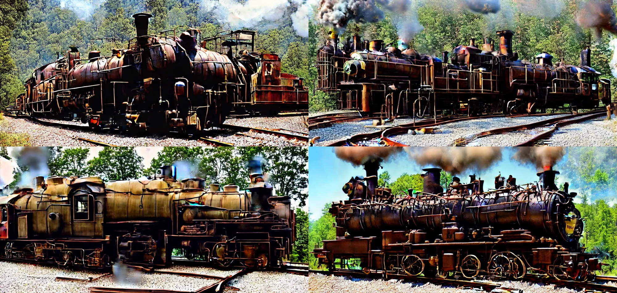 Prompt: Train on steampunk railroad in the 1800's