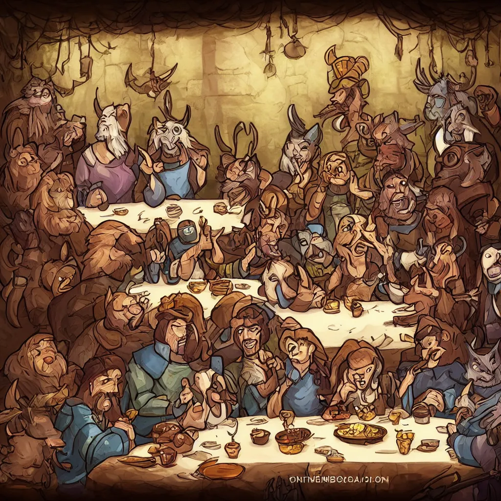 Image similar to The Last Supper, cartoon, rpg character, humblewood art style, concept art, fantasy