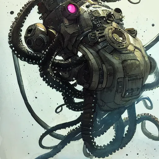 Image similar to octopus in space, cyberpunk, realistic, detailed, Industrial Scifi, paint, watercolor, in the style of Ashley Wood and Wadim Kashin