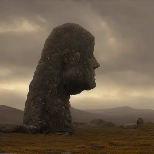 Prompt: giant stone man by grzegorz rutkowski, atmospheric haze, stormy, tundra, hudson river school, princess in foreground, large scale