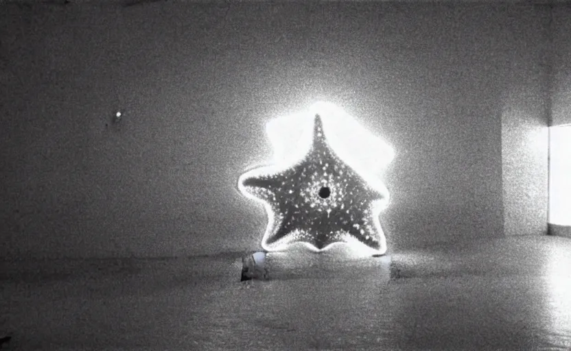 Image similar to light coming out of one starfish - like kaiju anthropomorphic monster, korean film noir by kim jong - il, korean traditional palace, pyongyang city, 1 9 6 0 s, red color bleed, 4 k, video compression, video glitch, monochrome, akira kurosawa, mamoru oshii, wes anderson, stanley kubrick