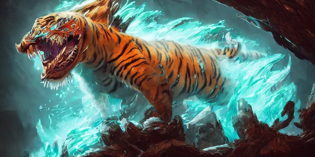 Image similar to Ghostly tiger creature made out of turquoise energy character design sheet, Monster Hunter Illustrations art book, Bright sparks, claws, huge sabertooth fangs, Moebius, Greg Rutkowski, Zabrocki, Karlkka, Jayison Devadas, Phuoc Quan, trending on Artstation, 8K, ultra wide angle, zenith view, pincushion lens effect.