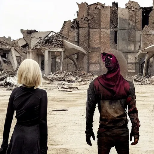 Prompt: a very huge, very big masked mutant man standing next to a very small blonde woman, they are staring at the horizon where there are the ruins of a city, postapocalyptic, mad max style, award winning photograph, over the shoulder, back, behind