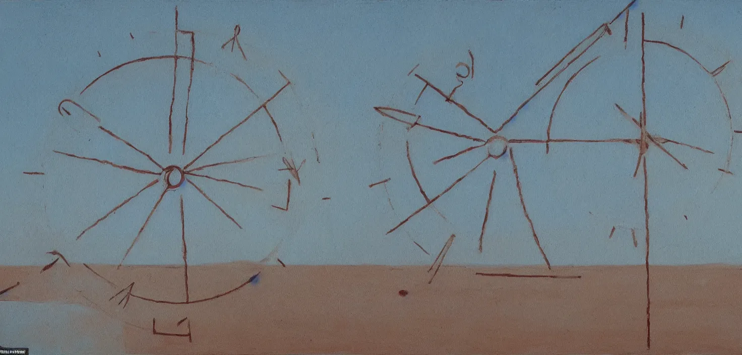 Prompt: painting of a giant sundial in the middle of the desert at the centre of a lake, small elongated planes, imagined reality with expressive marks