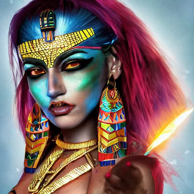 Image similar to a female egyptian / aztecian punk / raver using her mutant electrical powers trending on artstation deviantart pinterest hyper detailed photorealistic highlights and shadow hd 8 k post - processing high resolution