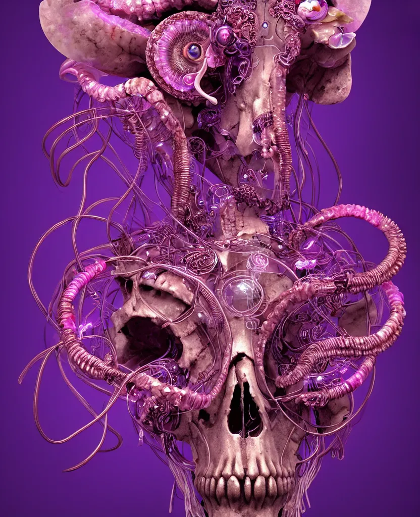 Image similar to goddess princess face close-up portrait ram skull. sculpture made of neon lamps and metal. jellyfish phoenix head, nautilus, orchid, skull, betta fish, bioluminiscent creatures, intricate artwork by Tooth Wu and wlop and beeple. octane render, trending on artstation, greg rutkowski very coherent symmetrical artwork. cinematic, hyper realism, high detail, octane render, 8k