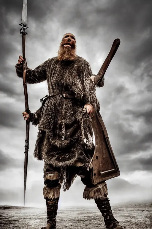 Image similar to old vintage full body photo of ancient viking warrior with full beard on the complex big steam punk airboard with antigravity engine during big viking event, extreme sports photography ,super high speed photogrphy, dynamic photography,symmetrical face, clean face, muscular body, high speed,dirt and grawel in air, lens flares, dust partiles in the air, dramatic lighting, intricate, highly detailed, centered, smooth, sharp focus, sports photography, old photo, black and white, sepia, cinematic lighting, cinematic angle, national geographic