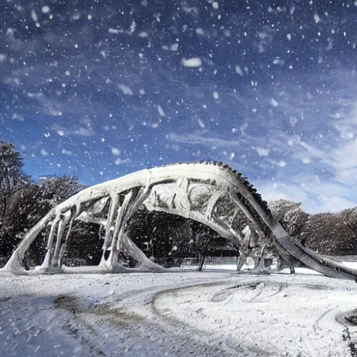 Image similar to snow landscape with gigantic dinosaur skeleton forming arches