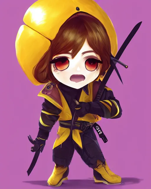 Prompt: a chibi combat kid wearing a puffy yellow jacket and a katana, smooth, intricate, elegant, digital painting, artstation, concept art, sharp focus, octane render, illustration, art by ayami kojima, overwatch character,