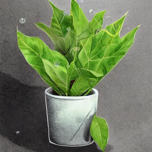 Prompt: mandrake leaves on a head in the porcelain pot, digital drawing, Harry Potter, roots, herbology, on the table in greenhouse, in the ray of sunshine, digital art, sharp focus, high detailed, calm, warm lighting, sparkles, by Rutkowsky,