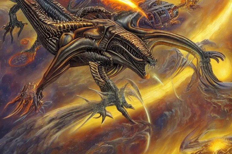 Prompt: cinematic shot of an alien dragon flying in outer space, Dan Seagrave art