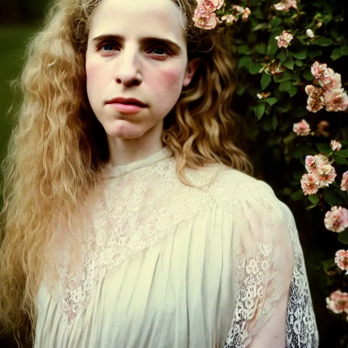 Image similar to Kodak Portra 400, 8K, soft lighting, volumetric lighting, highly detailed, brit marling style 3/4 ,portrait photo of a beautiful woman how pre-Raphaelites painter, a beautiful lace dress and hair are intricate with highly detailed realistic beautiful flowers , Realistic, Refined, Highly Detailed, natural outdoor soft pastel lighting colors scheme,faded colors, outdoor fine art photography, Hyper realistic, photo realistic