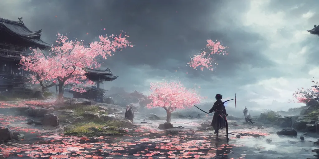 Image similar to an environmental concept art of ghost of tsushima, sakura petals blowing in the wind, highly detailed, directional light, bold colors, cinematic by francis tneh