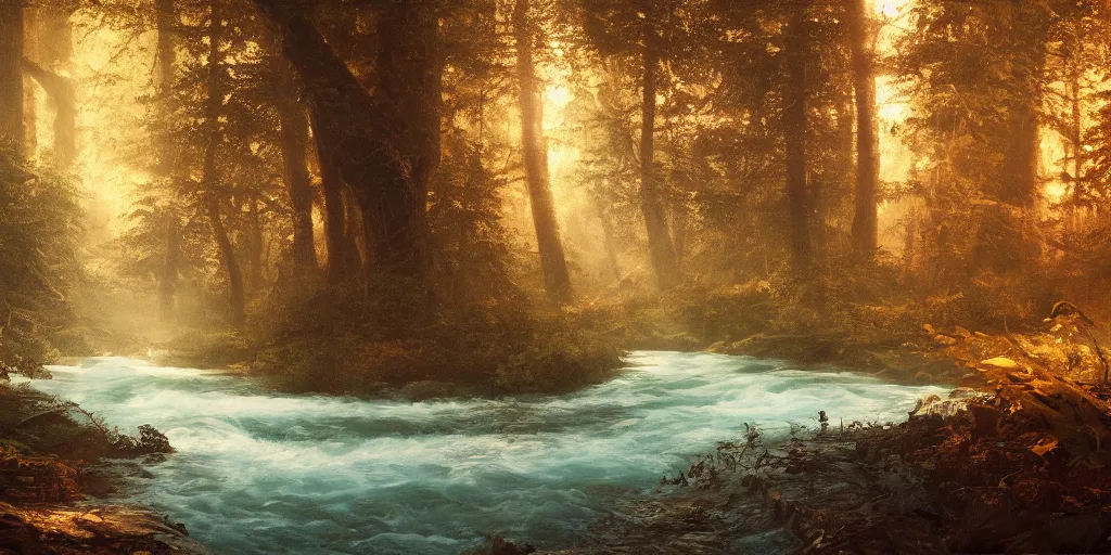 Image similar to A river running through a forest on Mars, cinematic lighting, detailed oil painting, hyperrealistic, 8k