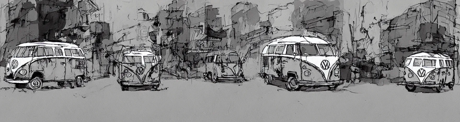 Prompt: vw bus on a street, illustration by ashley wood