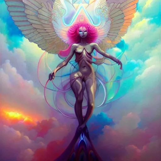 Image similar to psychedelic angelic celestial being artwork of peter mohrbacher, ayahuasca, energy body, sacred geometry, esoteric art, rainbow colors, realist, abstract and surreal art styles with anime and cartoon influences divinity