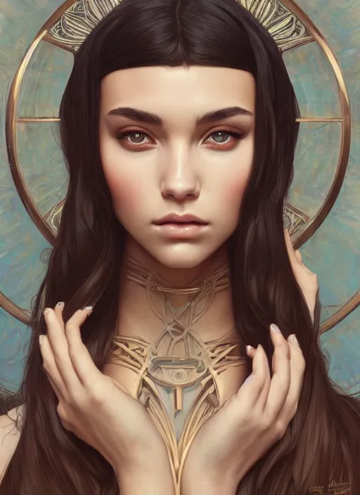 Image similar to symmetry!! madison beer, machine parts embedded into face, intricate, elegant, highly detailed, digital painting, artstation, concept art, smooth, sharp focus, illustration, art by artgerm and greg rutkowski and alphonse mucha, 8 k