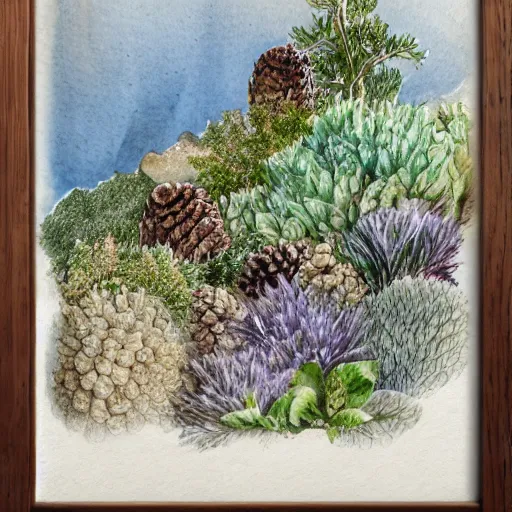 Prompt: delicate coastline mountain garden on paper, stony, puffy, botanical herbarium, botanic watercolors, iridescent, 8 k wide angle, realistic shaded, fine details, artstation, italian, colonnade, oak tree, pinecone, pomegranade, hydrangea, vines, gardena architecture, pompeian, sicilian