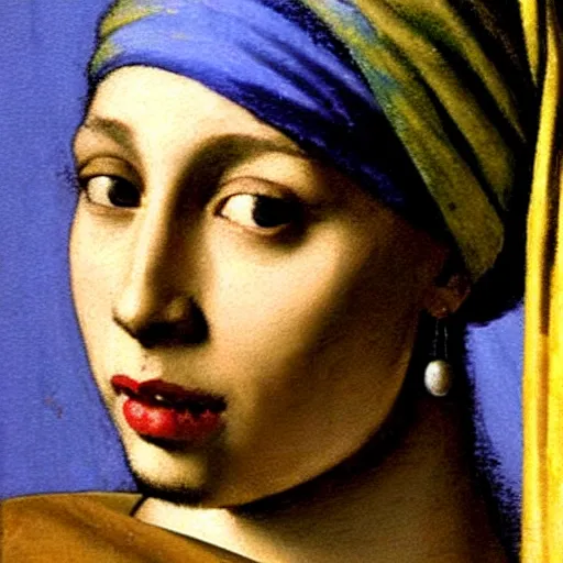 Image similar to A Renaissance portrait painting of Tupac Shakur as the Girl with the pearl earring by Johannes Vermeer. Tupac