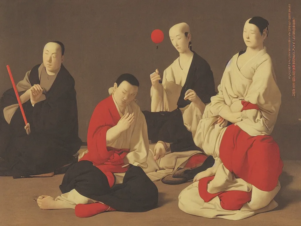 Image similar to portrait of man and woman in zen meditation, with giant lollipop. painting by georges de la tour