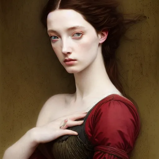 Image similar to striking Pre-Raphaelite Emma Dumont by Artgerm and Greg Rutkowski, intricate, elegant, highly detailed, digital painting, pale