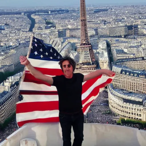 Prompt: Richard Hammond holding up the flag of america on top of the eiffel tower