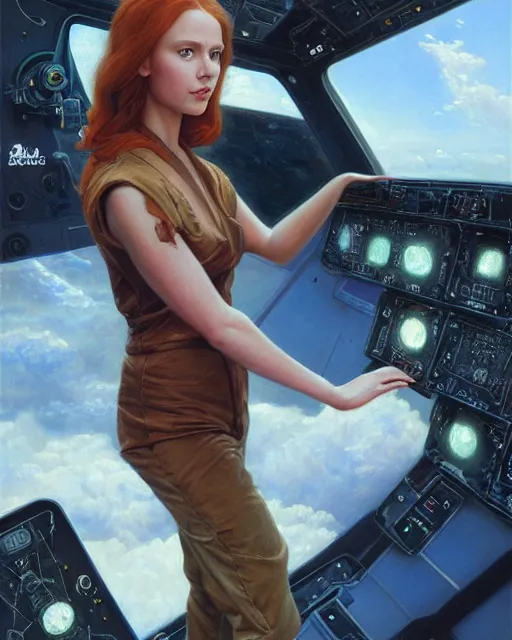 Prompt: a realistic oil painting of a girl resembling a redheaded irish alicia vikander or millie bobby brown in a futuristic mechanical spaceship cockpit, highly detailed, intricate, concept art, artstation, by donato giancola, ron cobb, and artgerm