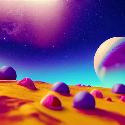 Image similar to a realistic planet made of candy with sea of milk and chocolate mountains, super realistic, unreal engine, octane render, 8 k