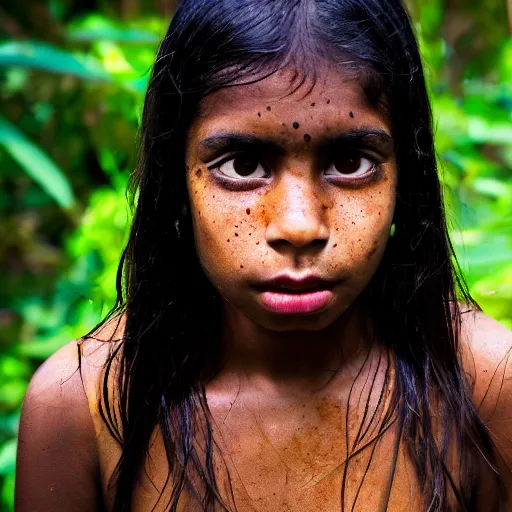 Image similar to a professional photo of a sri lankan jungle girl, black hair, light freckled skin and a look of panic on face. extremely high fidelity. key light.