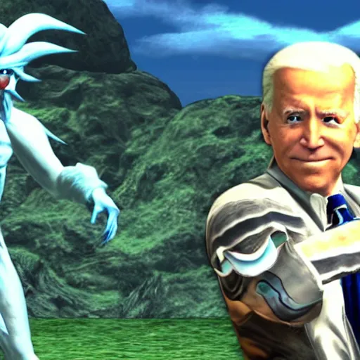 Image similar to joe biden fighting a monster in xenoblade chronicles