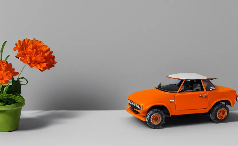 Image similar to a small miniature of a orange Toyota TE27 on a white table near a book and a vase with a plant, hyperrealistic, concept art, octane render, unreal engine 5, path tracing, complementary colors, calm, relaxing, serene, product photo, centered, symmetrical