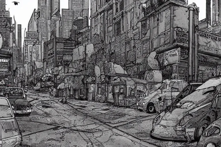 Prompt: Moebius artwork of a post apocalyptic city street